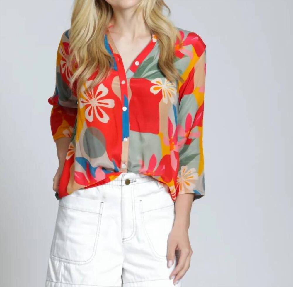 NEW APNY women's 3/4 sleeve mandarin collar button blouse in orange / gold multi